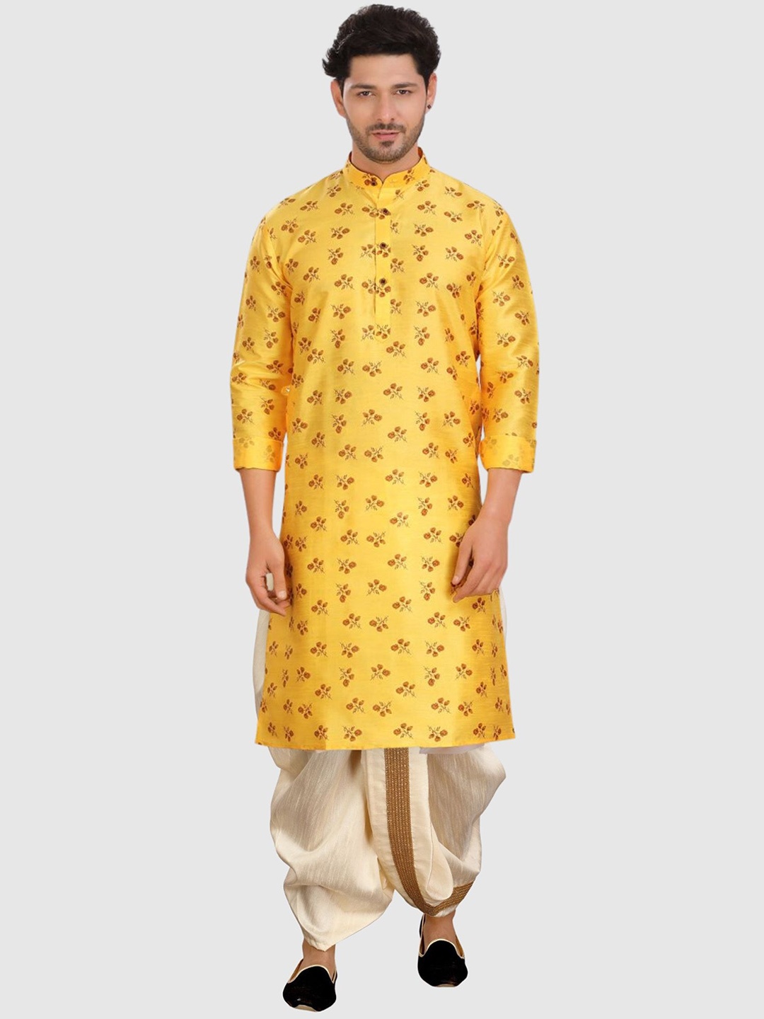 

SHIWAM ETHNIX Floral Printed Band Collar Regular Kurta With Dhoti Pants, Yellow