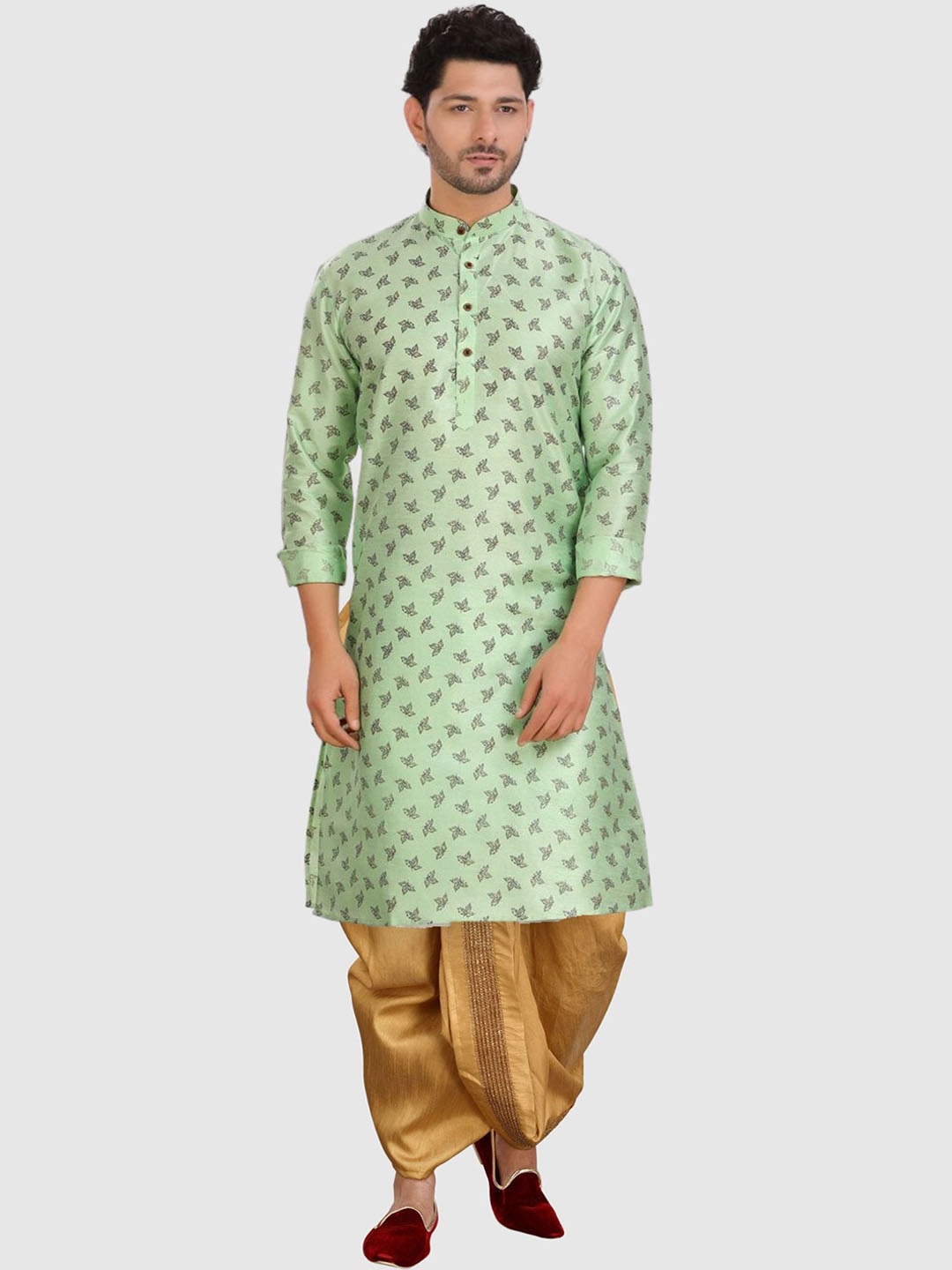 

SHIWAM ETHNIX Floral Printed Band Collar Long Sleeve Kurta With Dhoti Pant, Green