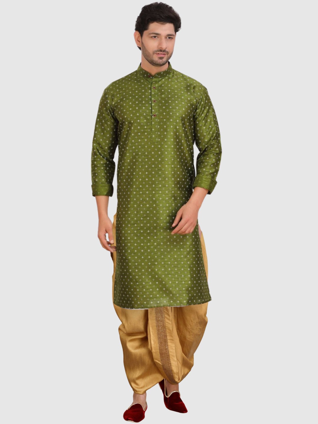 

SHIWAM ETHNIX Floral Printed Band Collar Long Sleeve Kurta With Dhoti Pant, Green