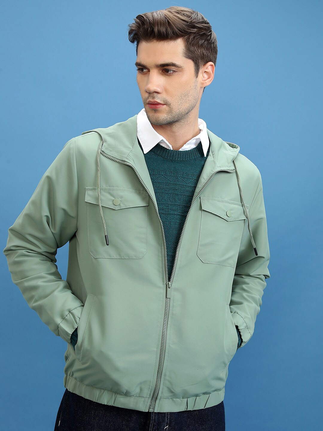 

HIGHLANDER Hooded Open-Front Jacket with Zip Detail, Olive