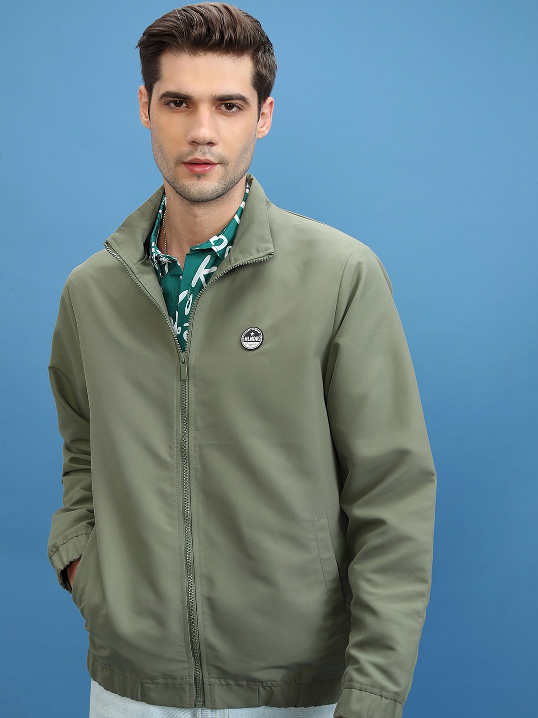 

HIGHLANDER Olive Green Spread Collar Bomber Jacket
