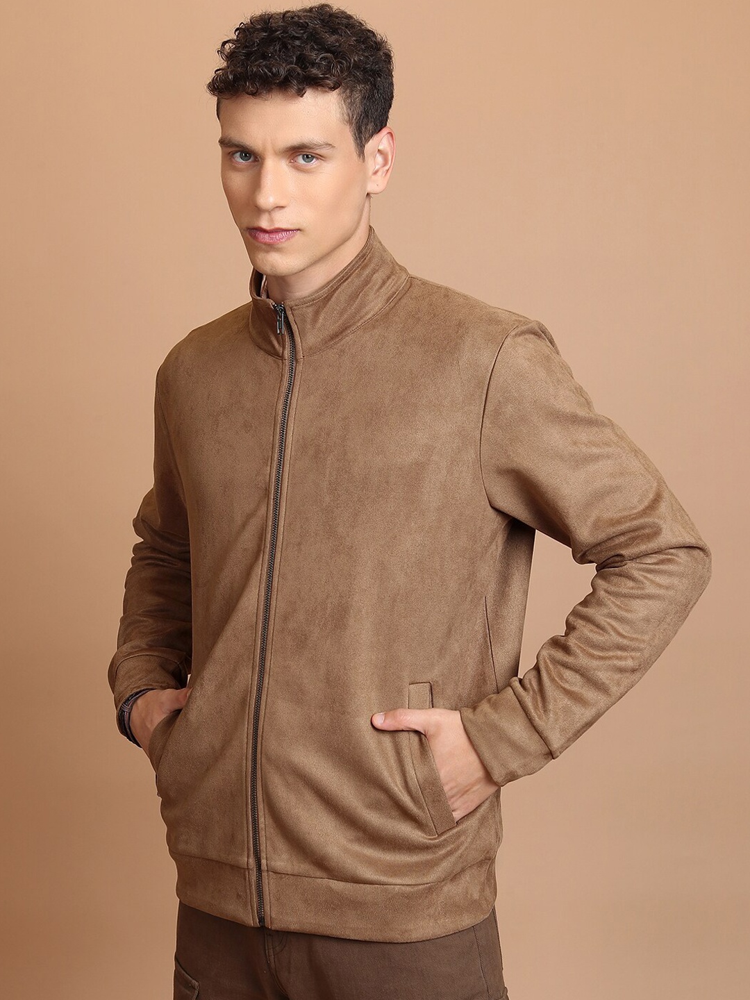 

HIGHLANDER Mock Collar Open Front Jacket, Brown