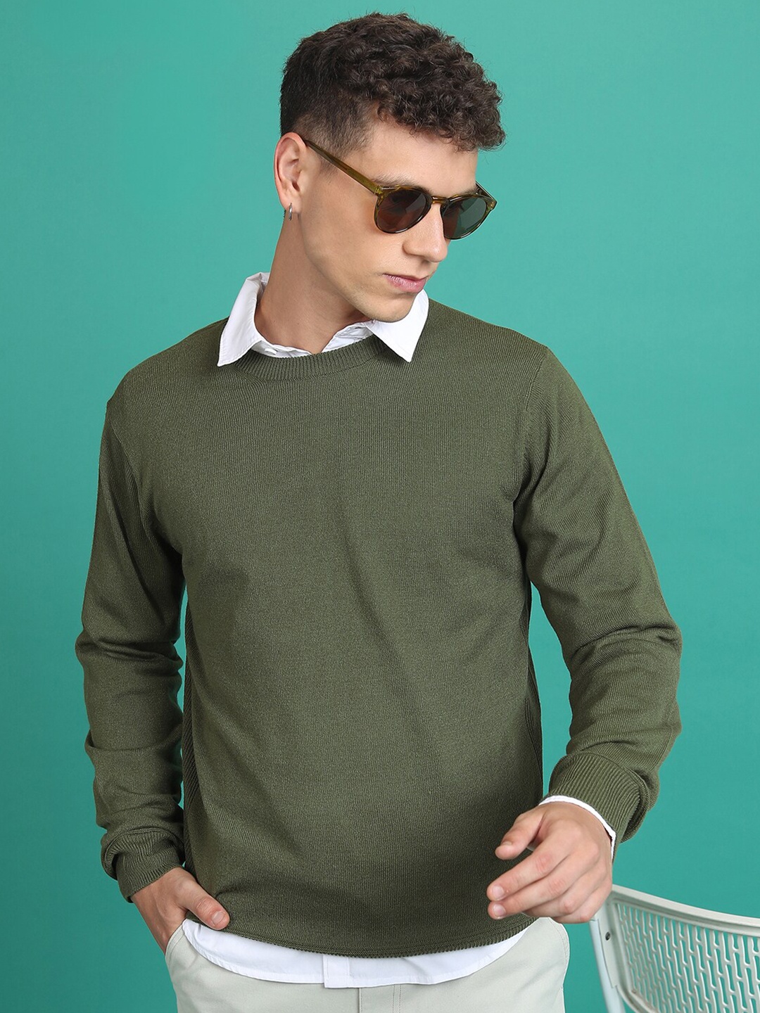 

HIGHLANDER Round Neck Acrylic Ribbed Pullover, Green