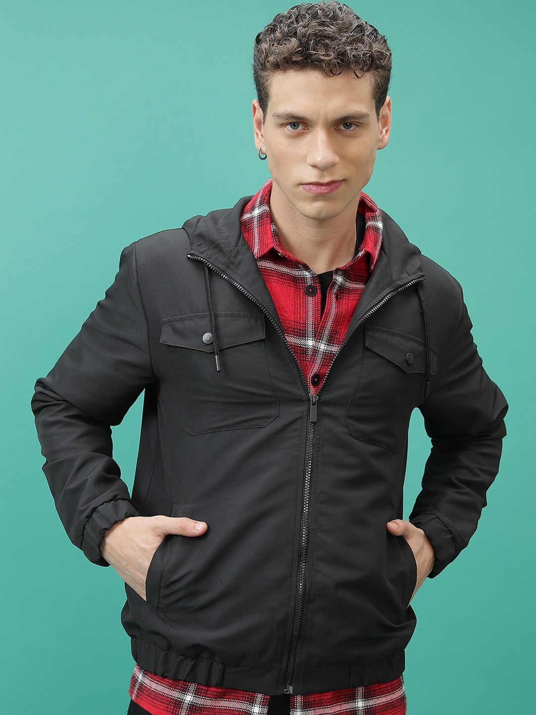 

HIGHLANDER Hooded Long Sleeved Bomber Jacket, Black