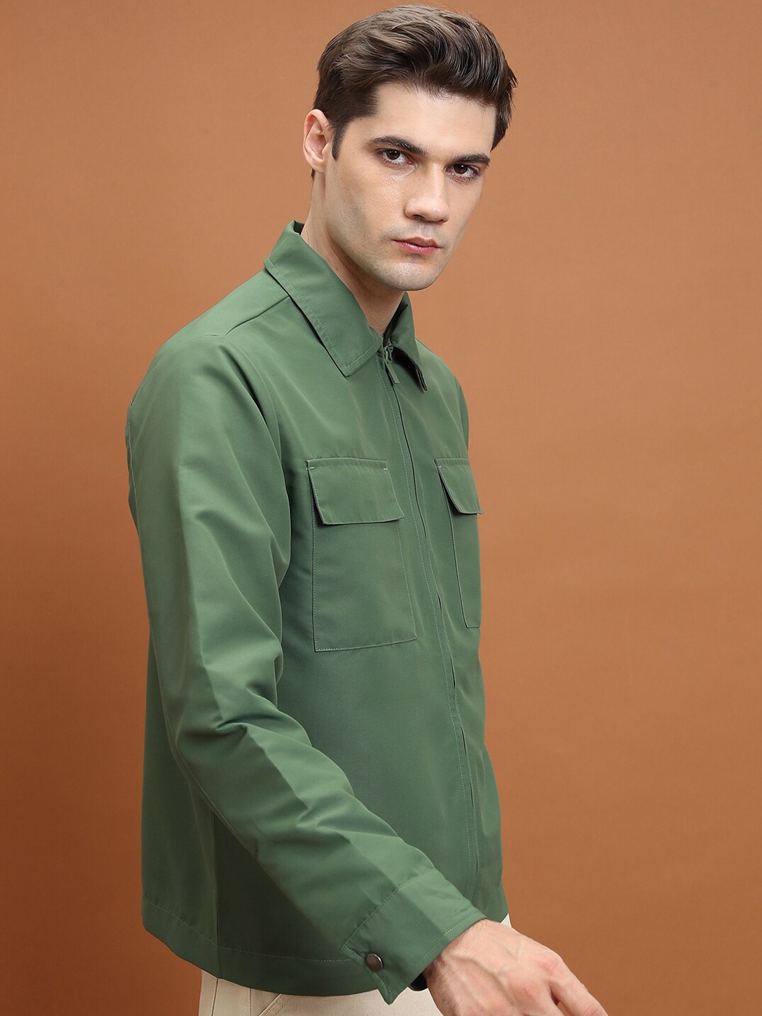 

HIGHLANDER Double Flap Pocket Cotton Open Front Jacket, Olive