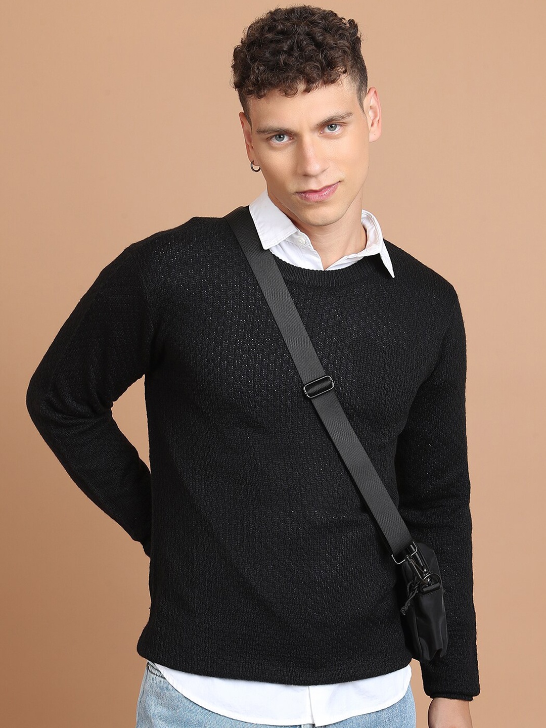 

HIGHLANDER Round Neck Acrylic Ribbed Pullover, Black