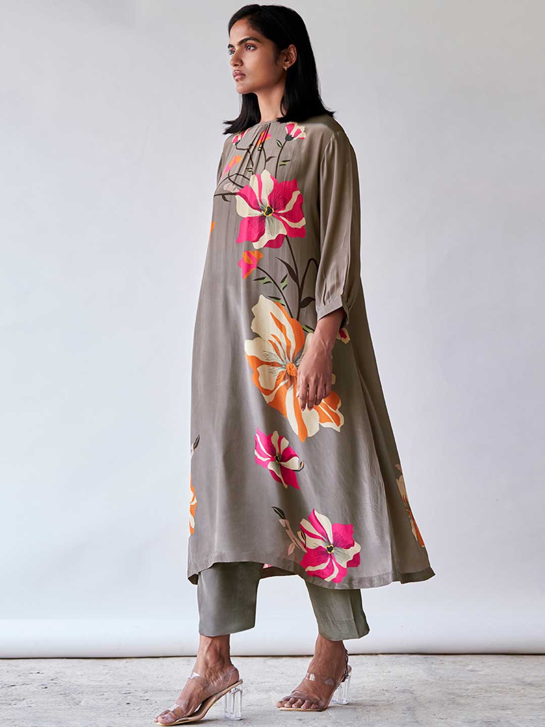 

Ganga Floral Printed Cuffed Sleeves Raw Silk A-Line Kurta With Palazzo, Grey