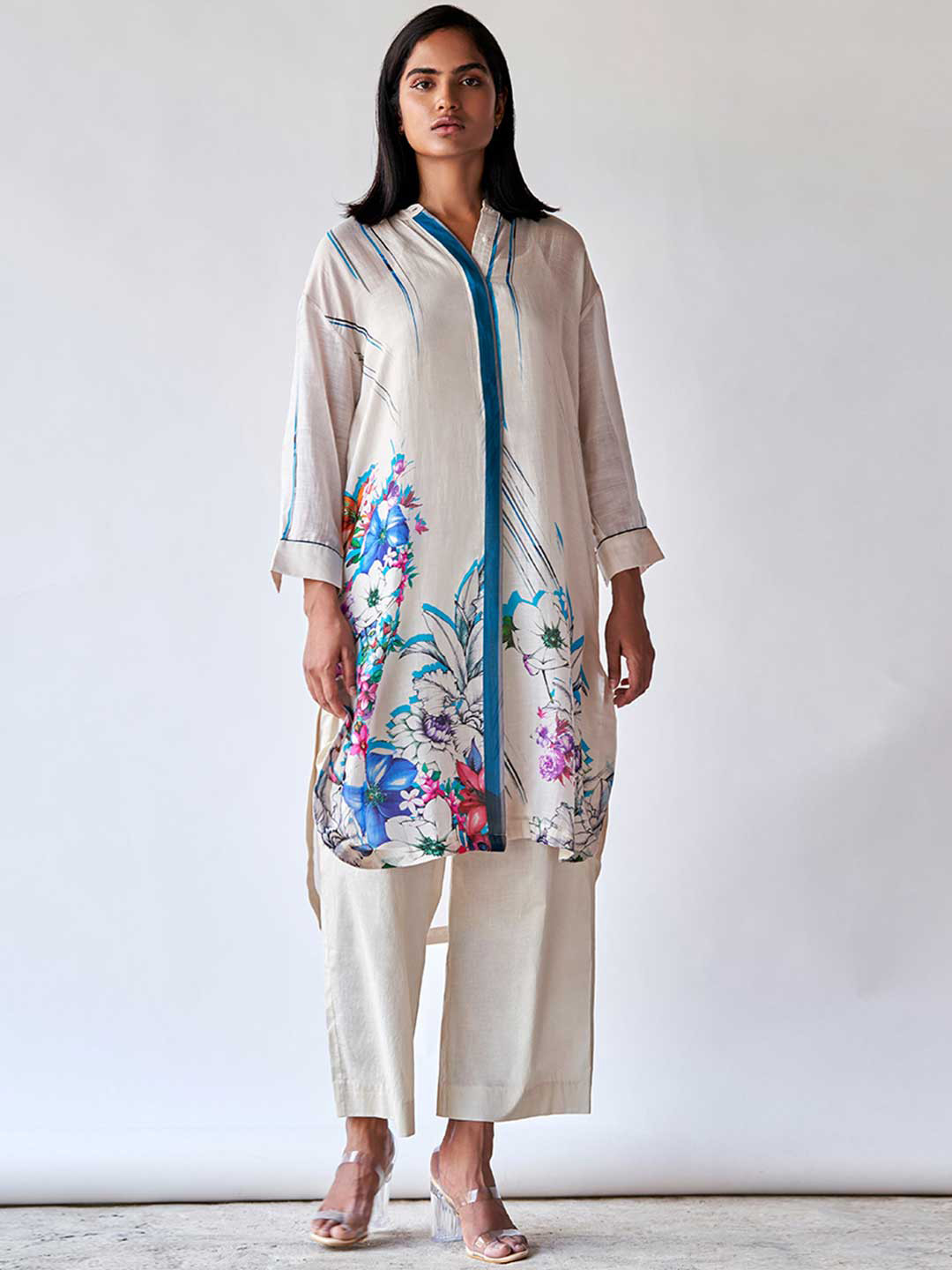 

Ganga Floral Printed Band Collar Raw Silk Straight Kurta With Palazzo, White