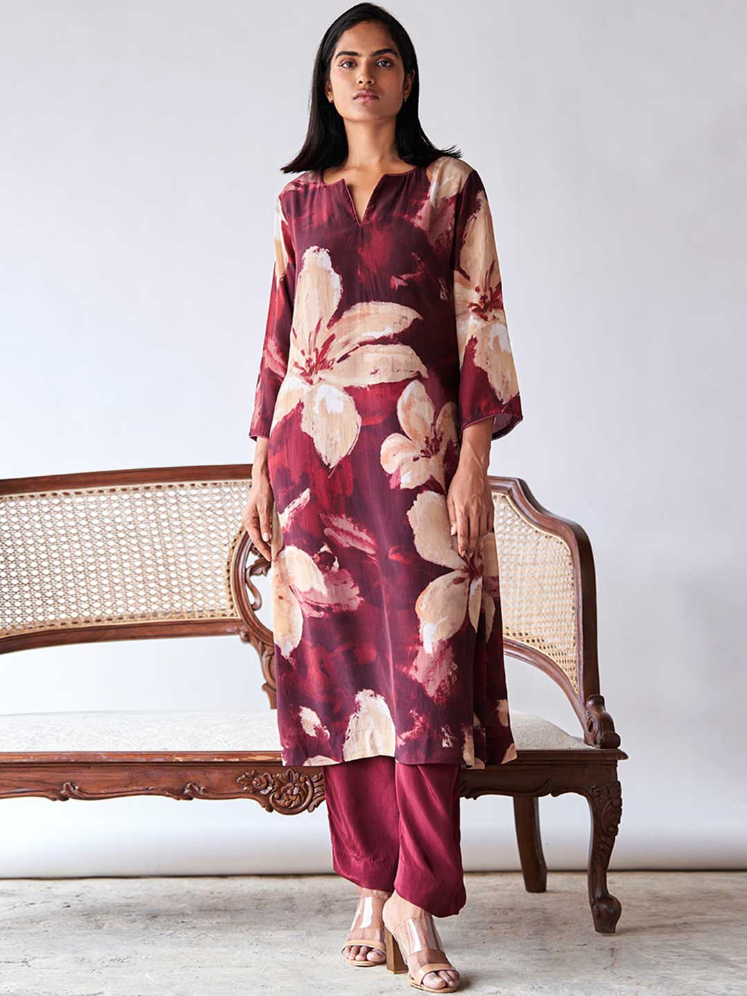 

Ganga Floral Printed Notched Neck Raw Silk A-Line Kurta With Palazzo, Maroon