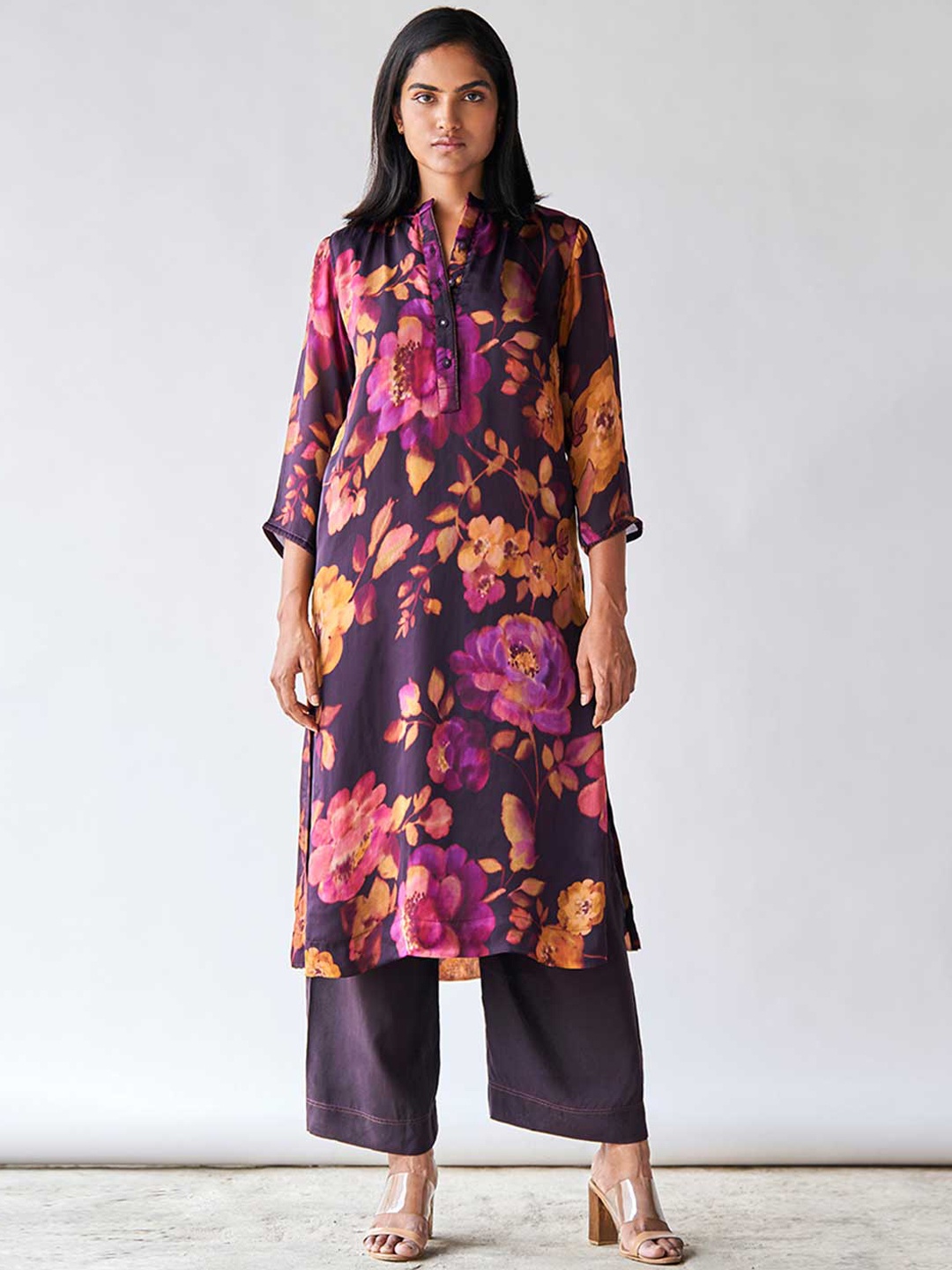 

Ganga Floral Printed Band Collar Raw Silk Straight Kurta With Palazzo, Blue