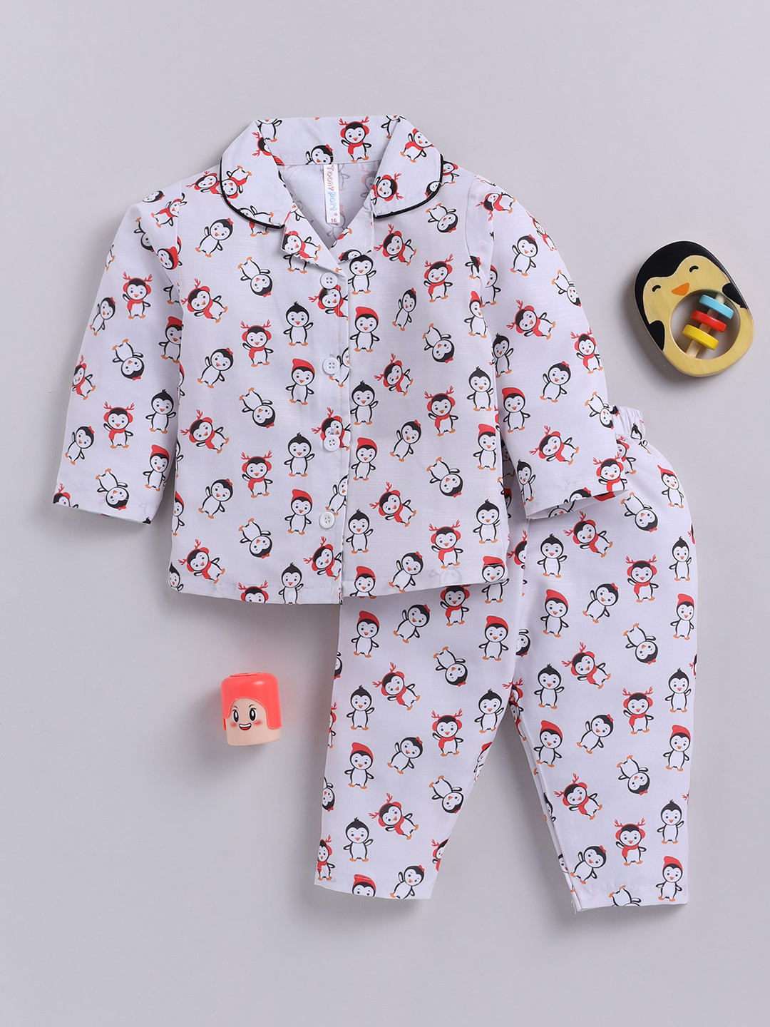 

Toonyport Kids Conversational Printed Lapel Collar Satin Shirt & Pyjama, Cream