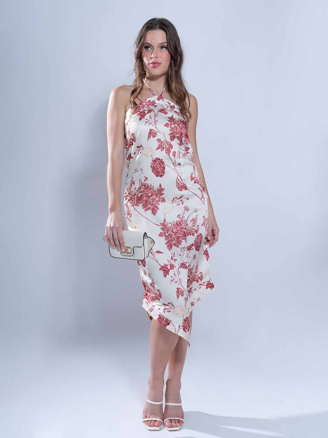 

Stylecast X Hersheinbox Floral Print Halter Neck Satin Finish Asymmetric Dress, Off white