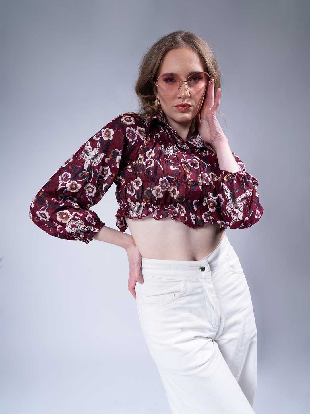 

Stylecast X Hersheinbox Floral Print Puff Sleeve Shirt Style Crop Top, Maroon
