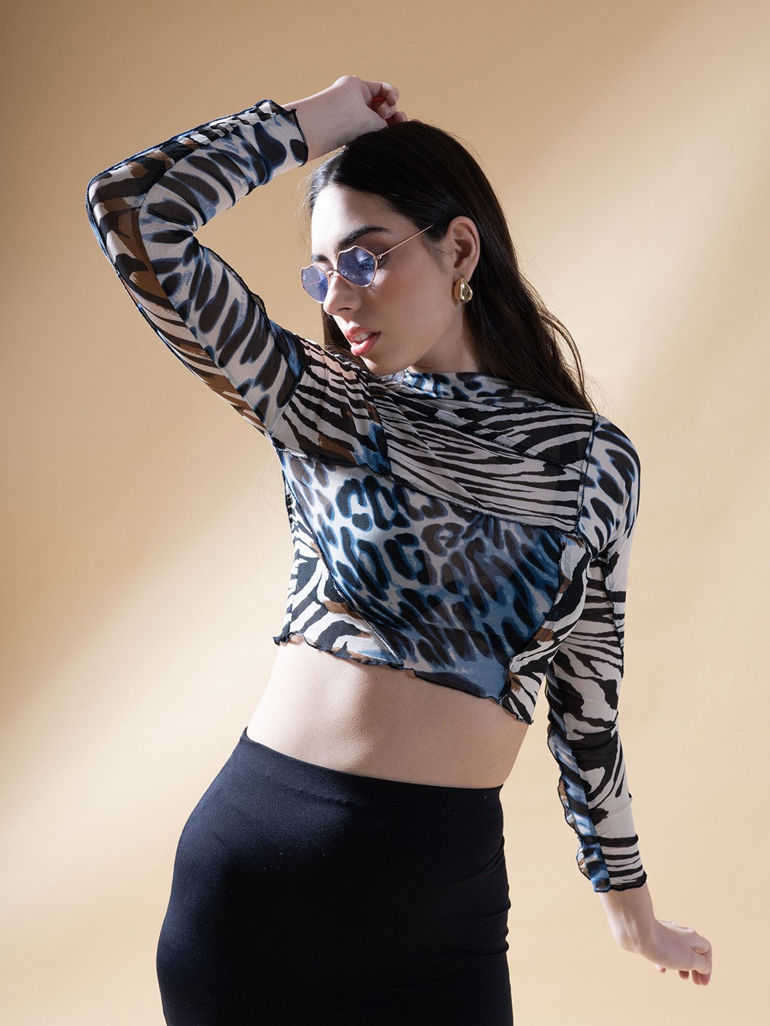 

Stylecast X Hersheinbox Animal Print Mesh Semi Sheer Crop Top, Blue