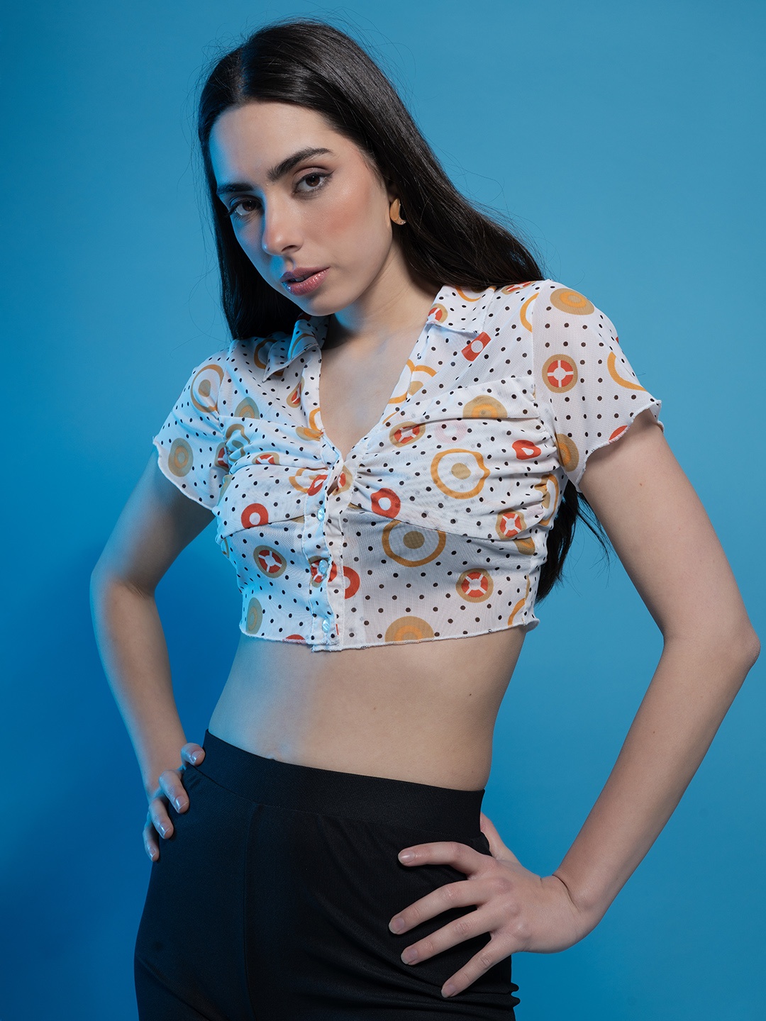 

Stylecast X Hersheinbox Geometric Print Shirt Style Crop Top, White