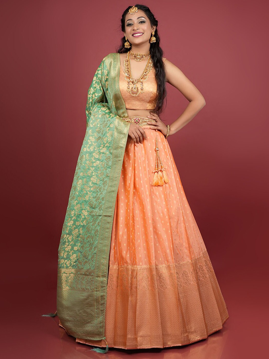 

HALFSAREE STUDIO Woven Design Semi-Stitched Lehenga & Unstitched Blouse With Dupatta, Orange