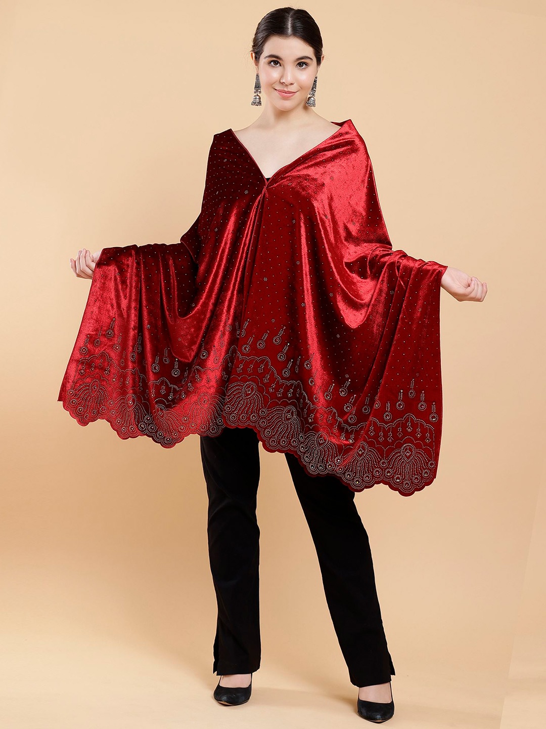 

Moda Chales Floral Embellished Velvet Stole, Red