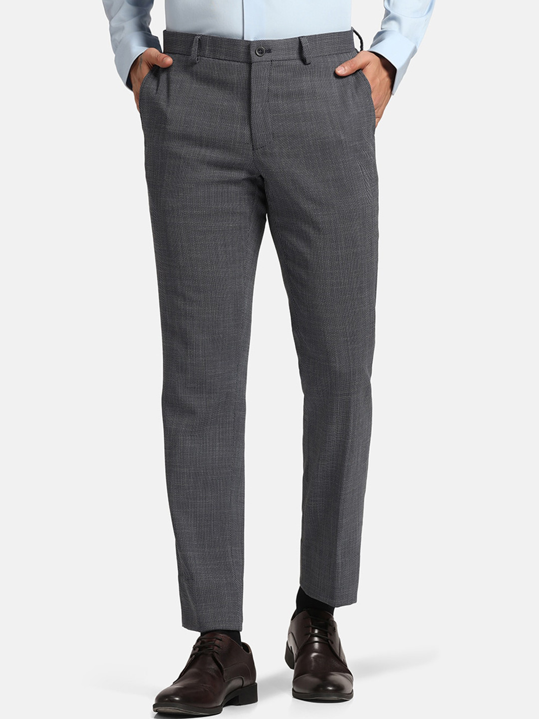 

Blackberrys B-91Men Checked Slim Fit Low-Rise Easy Wash Formal Trouser, Navy blue
