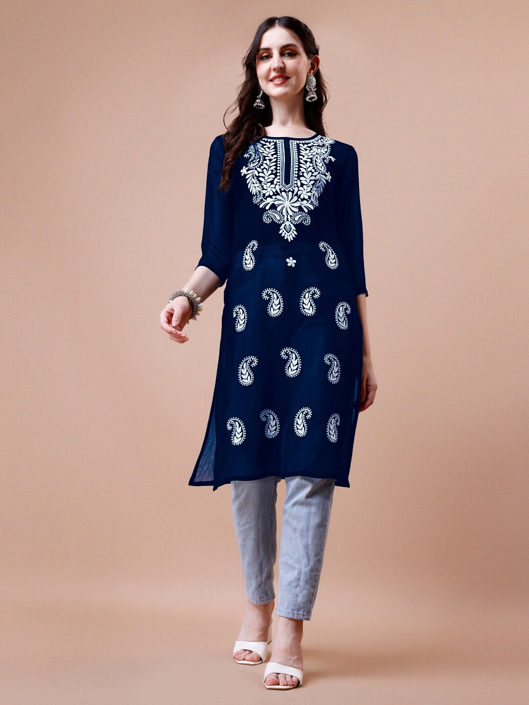 

KALINI Paisley Embroidered Chikankari Thread Work Kurta, Navy blue