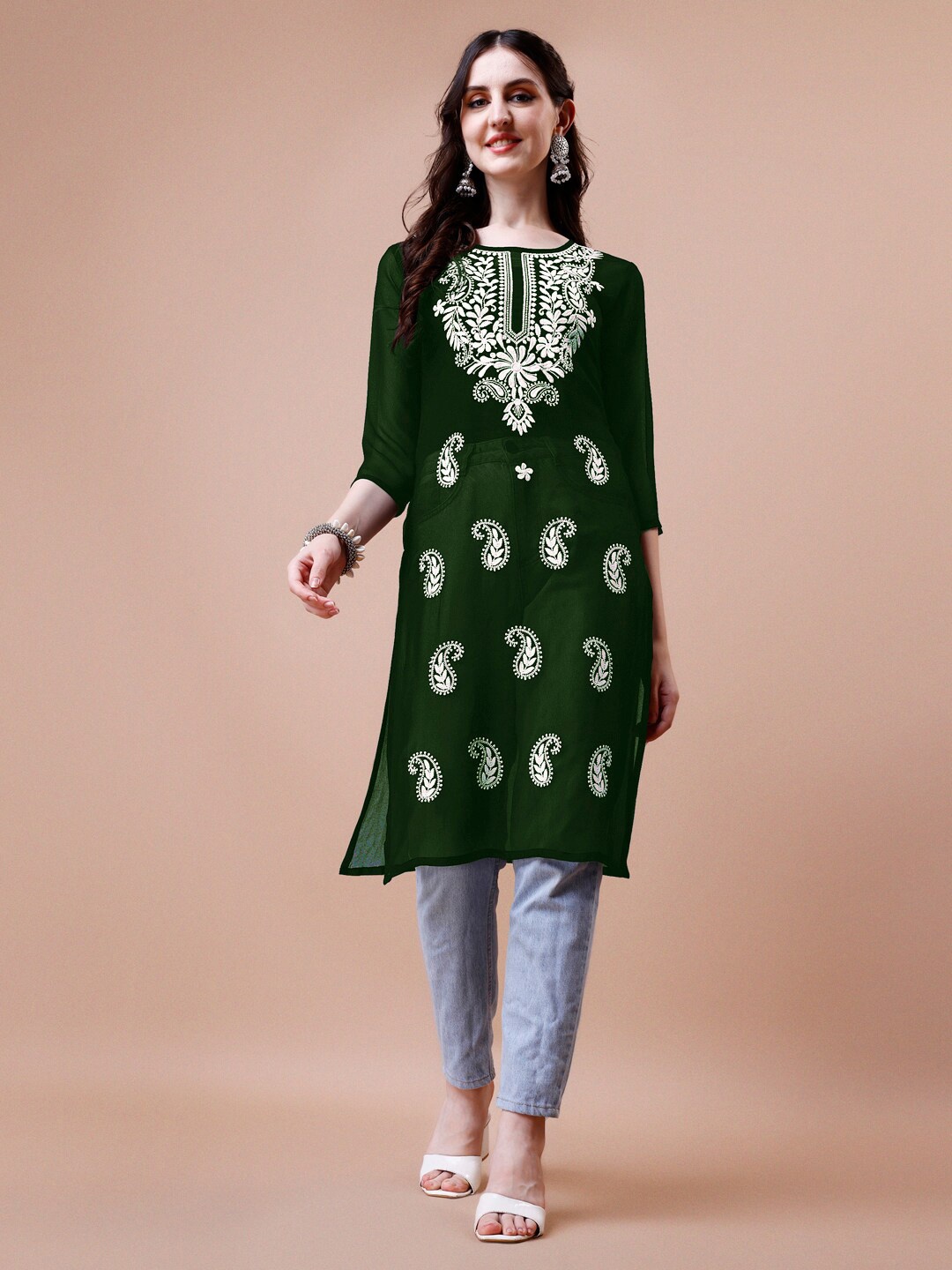 

KALINI Paisley Embroidered Chikankari Straight Kurta, Green