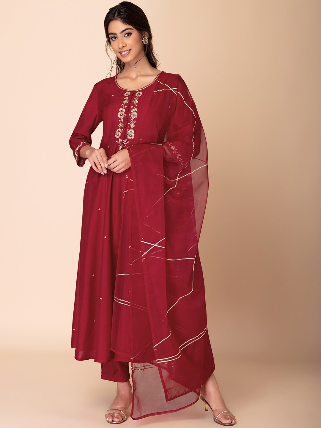 

INDYA Floral Embroidered Sequinned Anarkali Kurta With Trousers And Dupatta, Red
