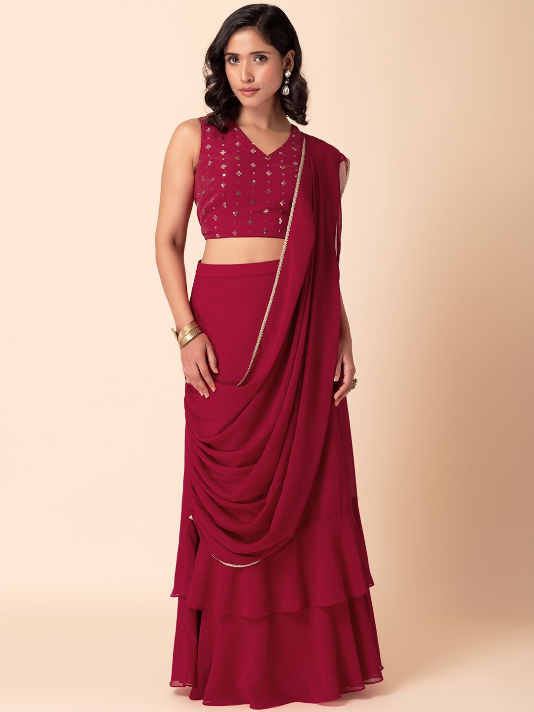 

INDYA Ruffled Ready To Wear Saree, Pink