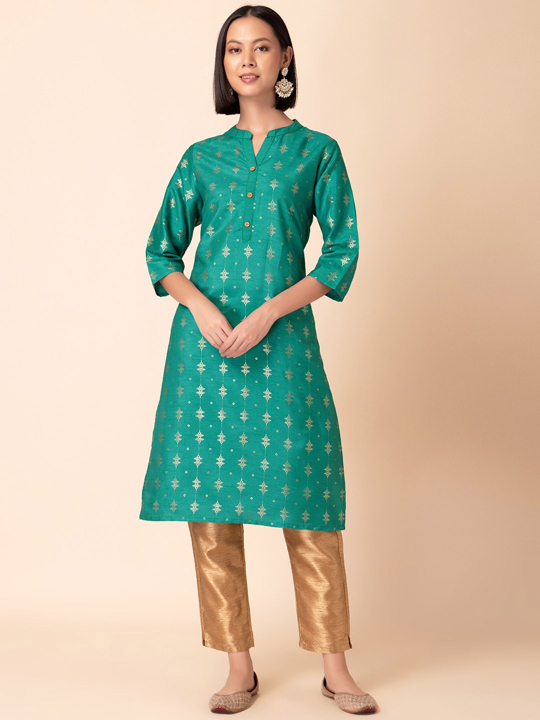 

INDYA Geometric Foil Printed Silk Kurtas, Green