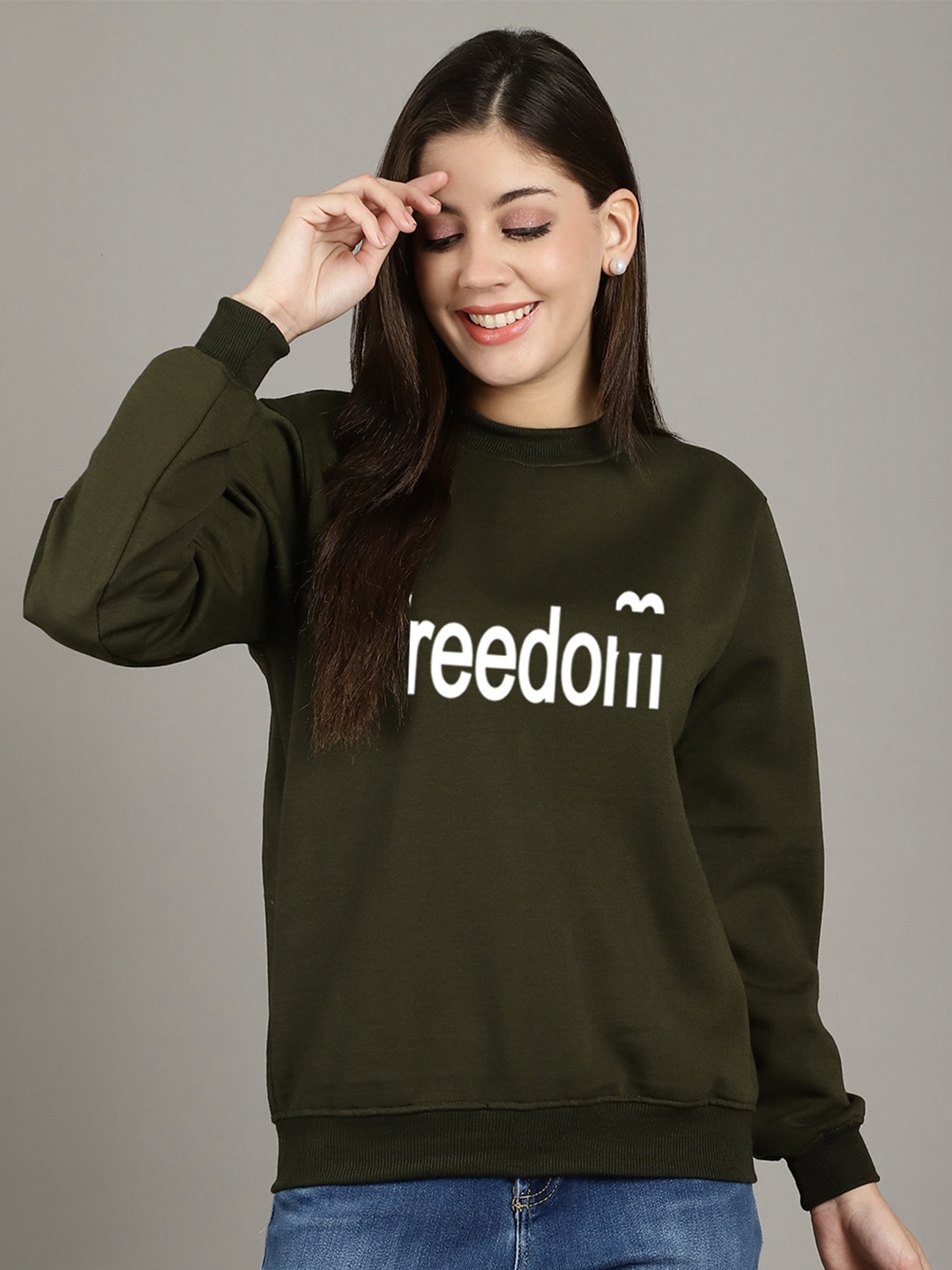 

GRACIT Typography Printed Round Neck Fleece Pullover, Olive