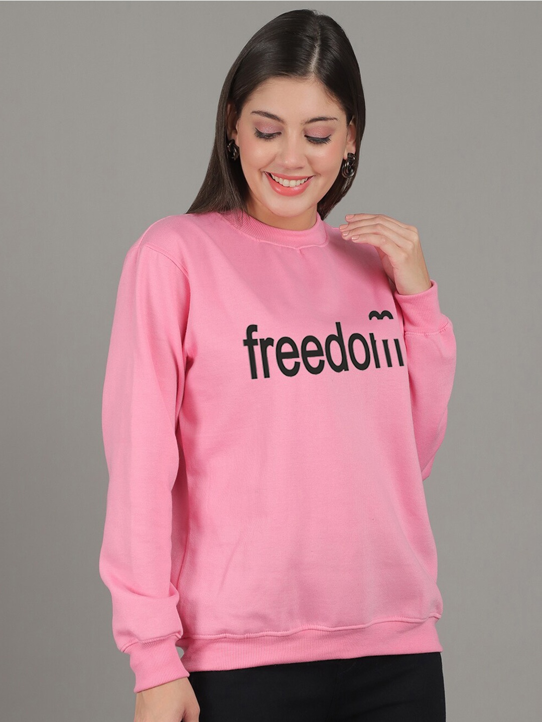 

GRACIT Typography Printed Round Neck Fleece Pullover, Pink
