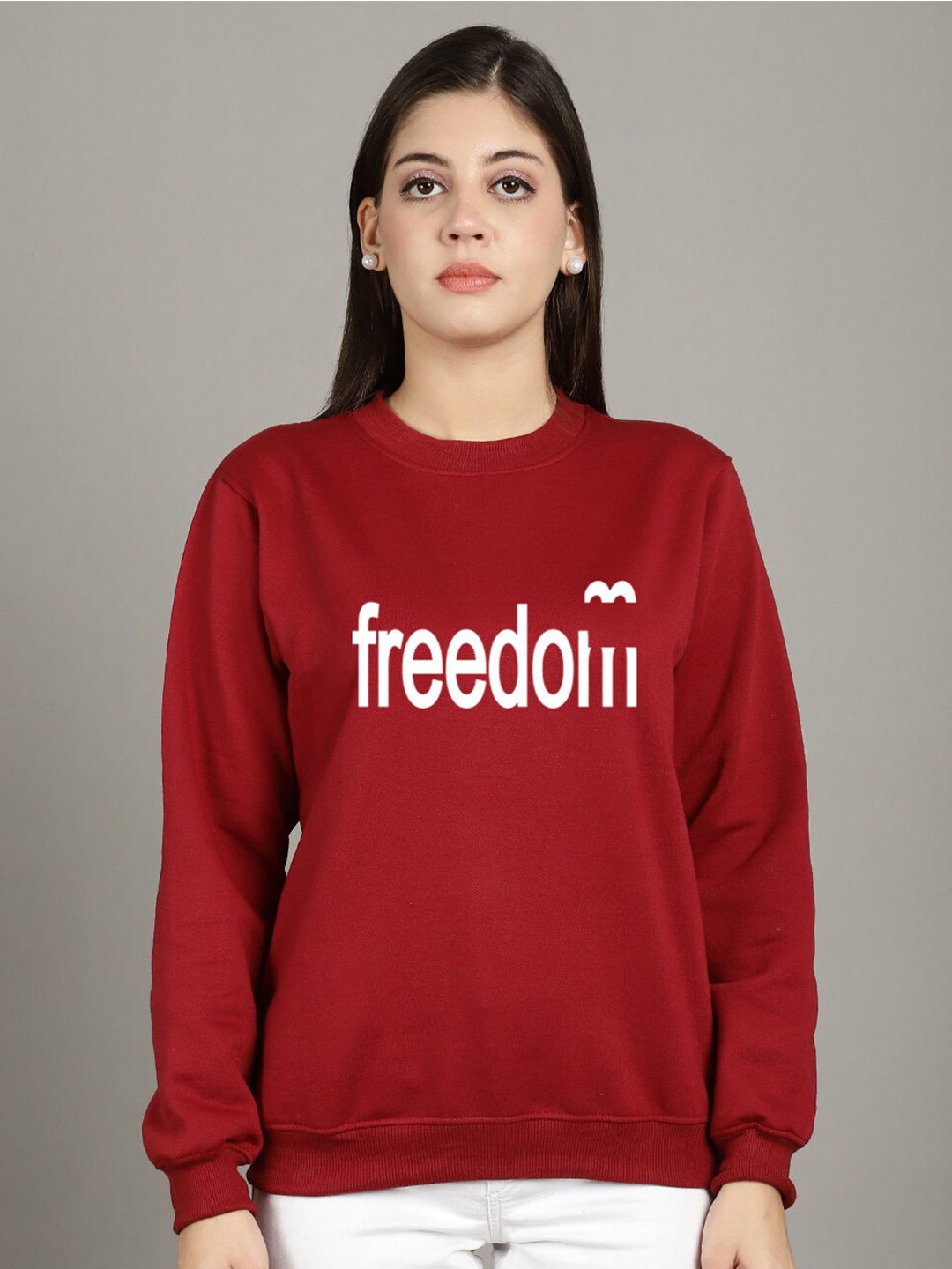 

GRACIT Typography Printed Round Neck Fleece Pullover, Maroon