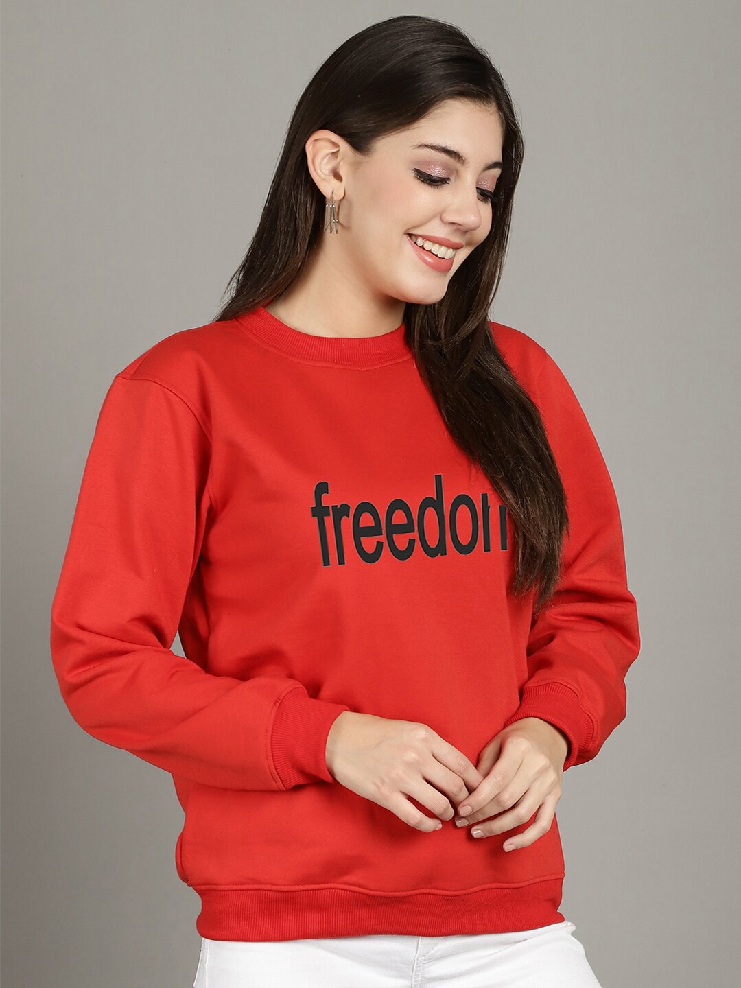 

GRACIT Typography Printed Round Neck Fleece Pullover, Red