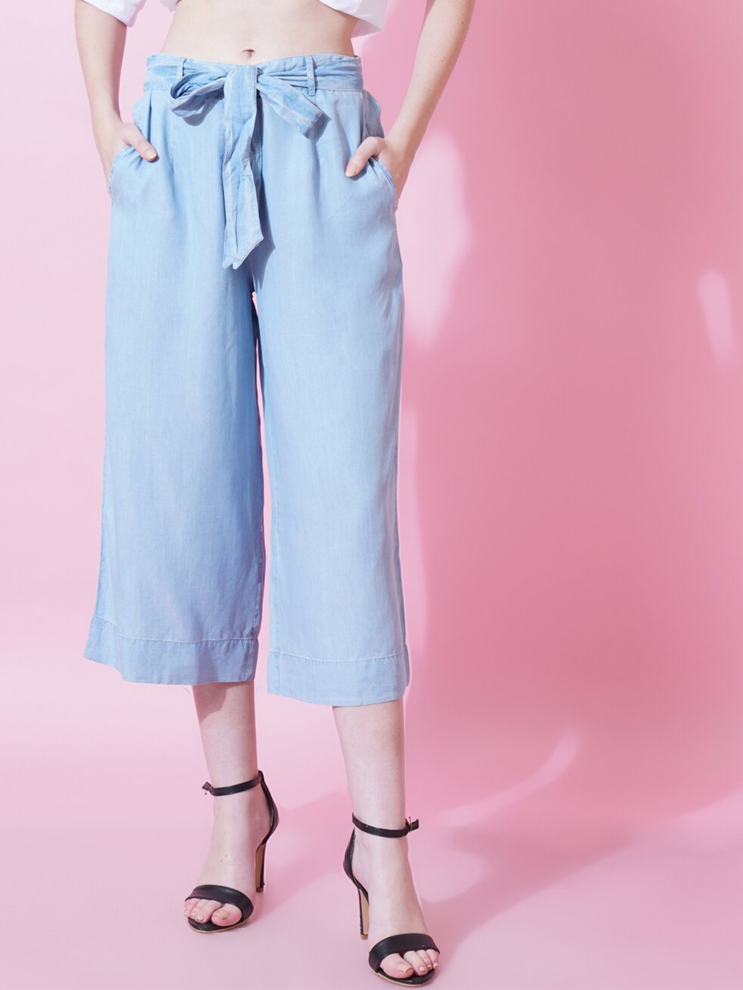 

IX IMPRESSION Cropped Cotton Denim Regular Fit Palazzo, Blue