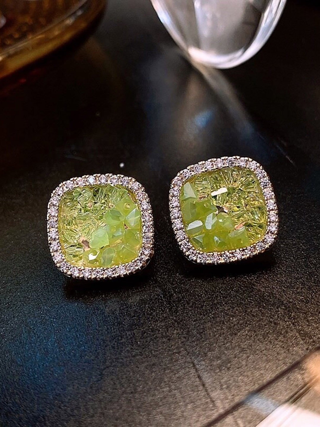 

KRYSTALZ Gold Plated Emerald Studded Stainless Steel Studs Earrings