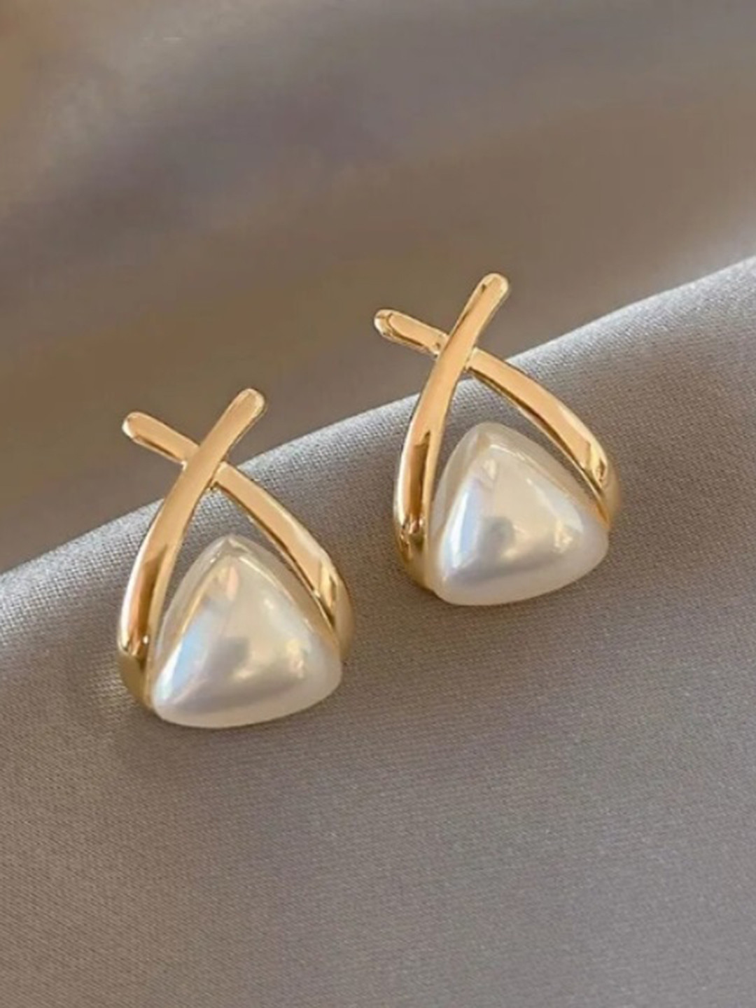 

KRYSTALZ Gold-Plated Pearl Beaded Triangular Studs Earrings