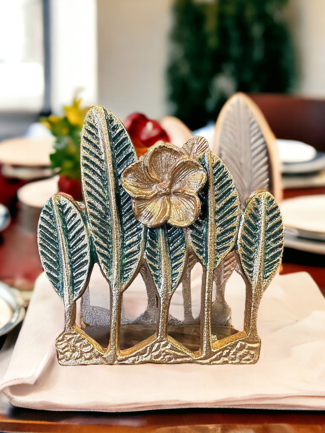 

The Artage Golden & Green Textured Metal Curio Tissue Holder