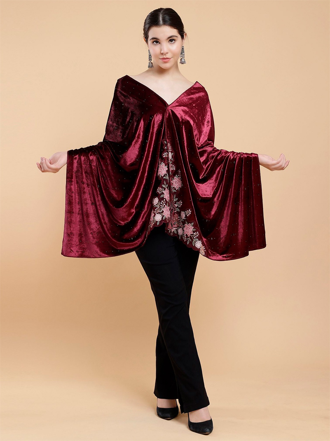 

Moda Chales Floral Embroidered Velvet Stole, Maroon