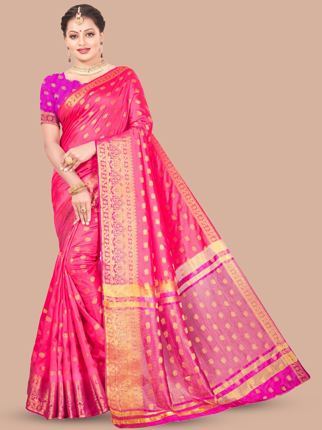 

MAGMINA Ethnic Motifs Woven Design Zari Banarasi Saree, Pink