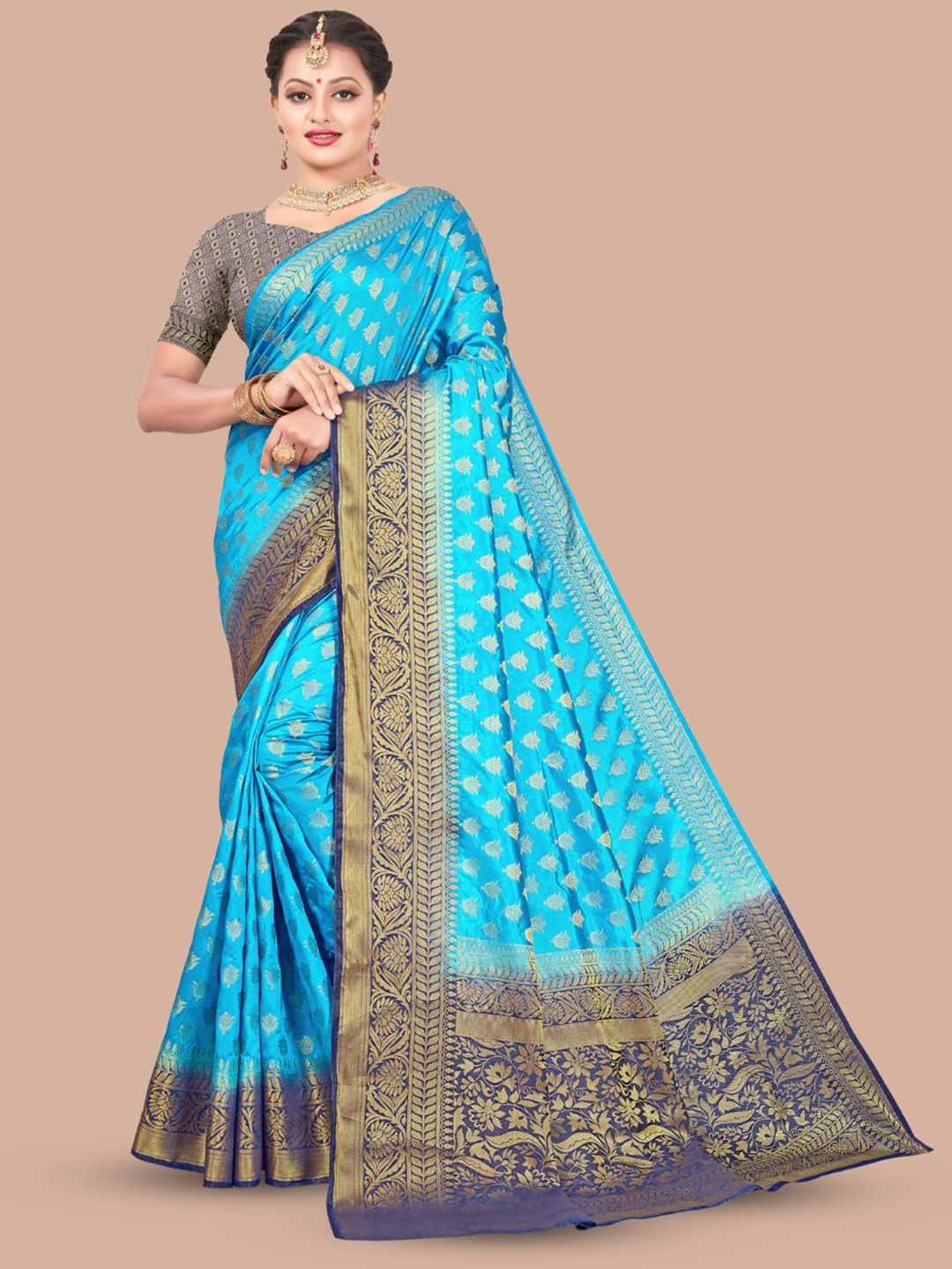 

MAGMINA Ethnic Motifs Woven Design Zari Banarasi Saree, Turquoise blue