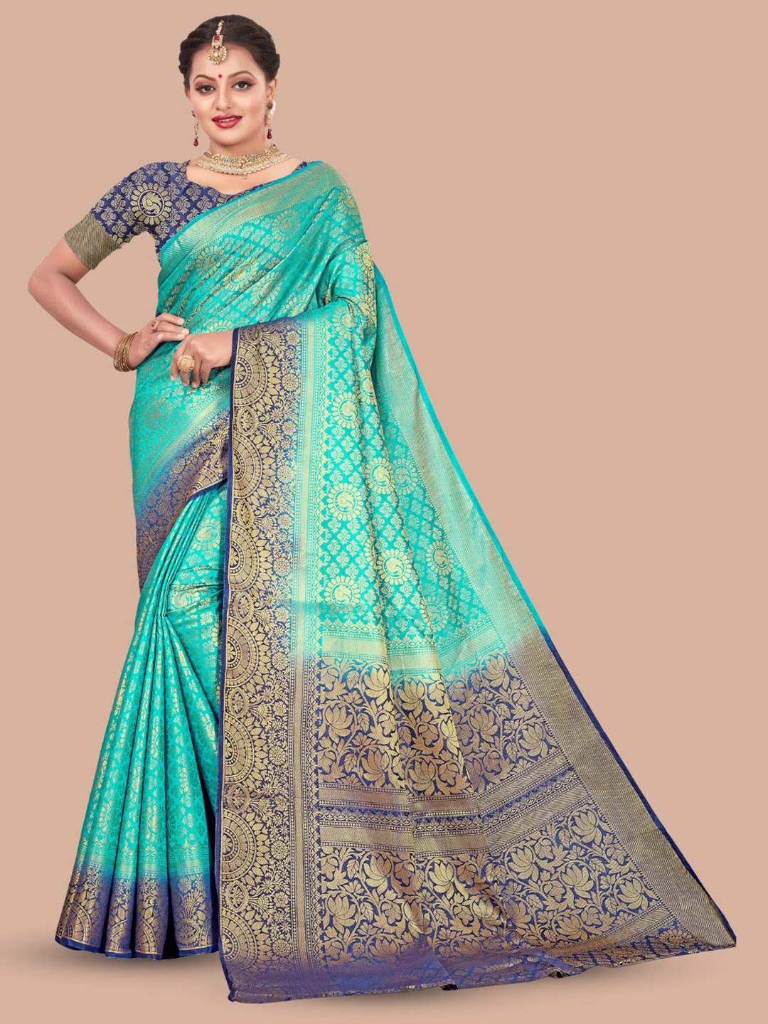 

MAGMINA Ethnic Motifs Woven Design Zari Banarasi Saree, Turquoise blue