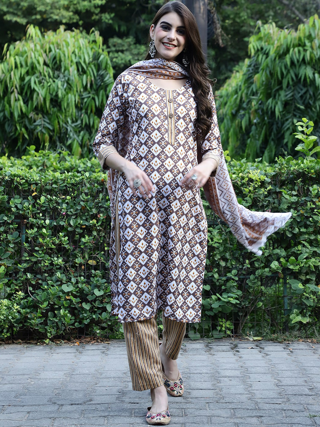 

KALINI Ethnic Motifs Printed Pure Cotton Straight Kurta & Trouser With Dupatta, Brown