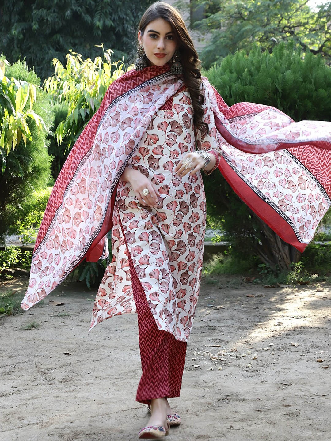 

KALINI Floral Printed Regular Pure Cotton Kurta with Trousers & Dupatta, Red