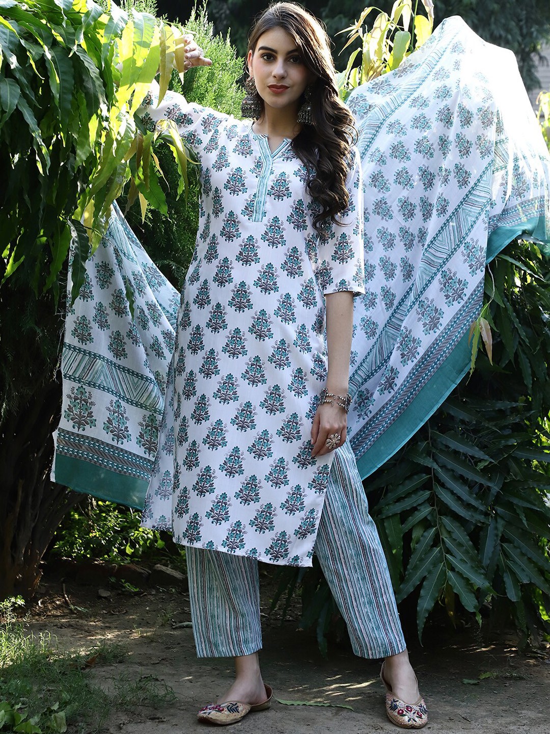 

KALINI Ethnic Motifs Printed Pure Cotton Kurta With Trousers & Dupatta, White