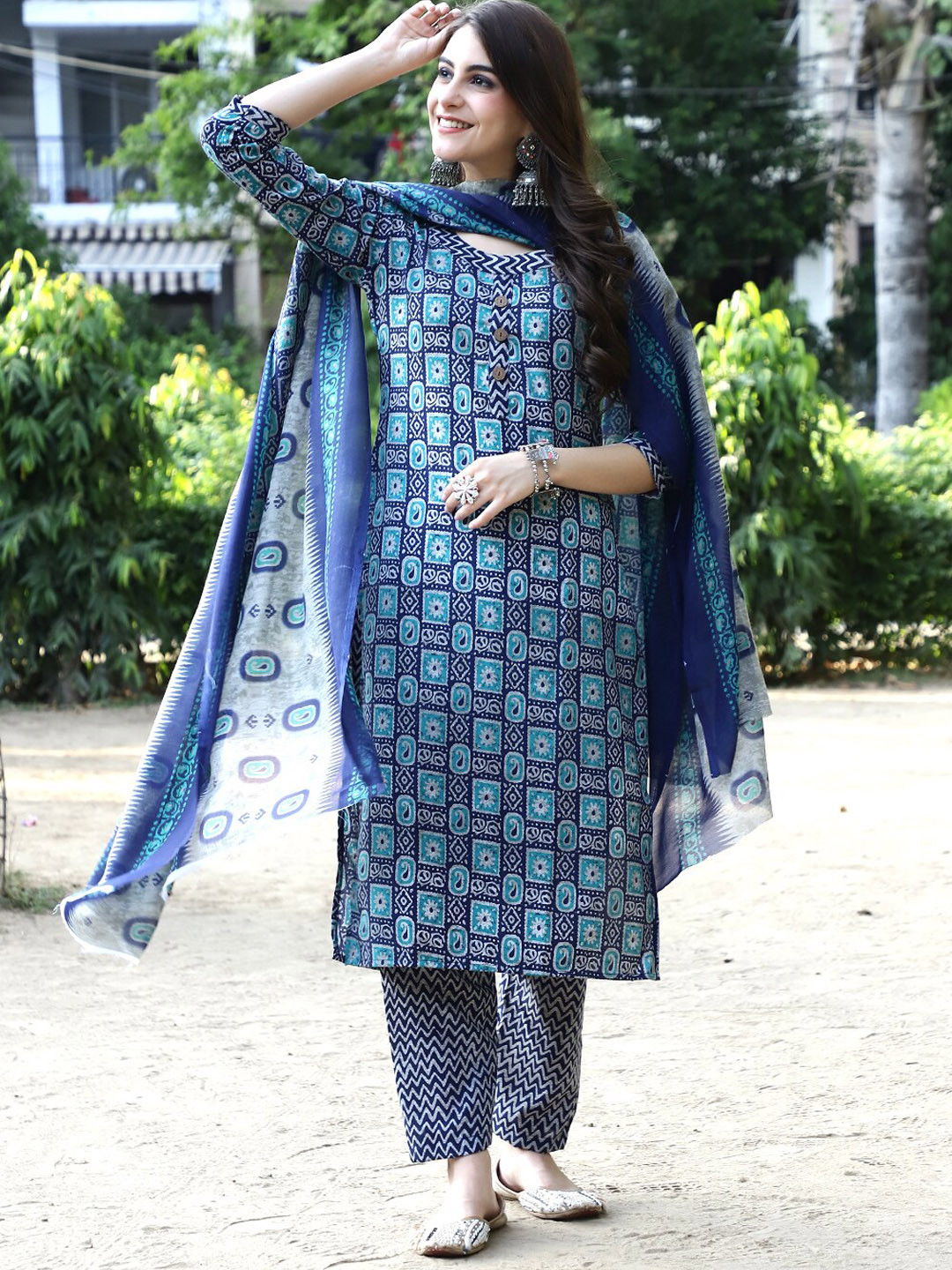 

KALINI Ethnic Motifs Printed Pure Cotton Straight Kurta & Trouser With Dupatta, Navy blue