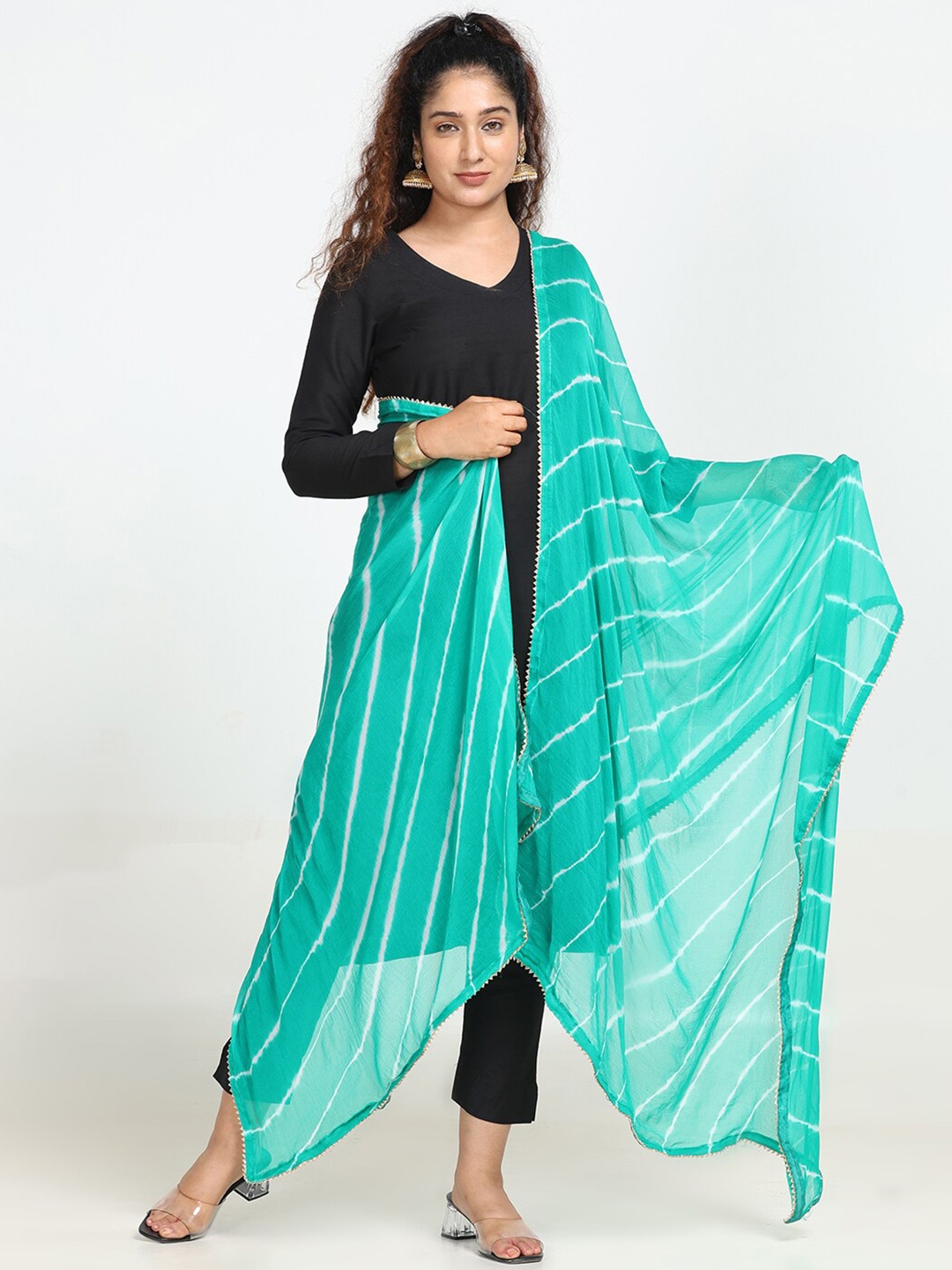 

HELLA FASHIONS Leheriya Printed Chiffon Dupatta With Gotta Patti details, Sea green