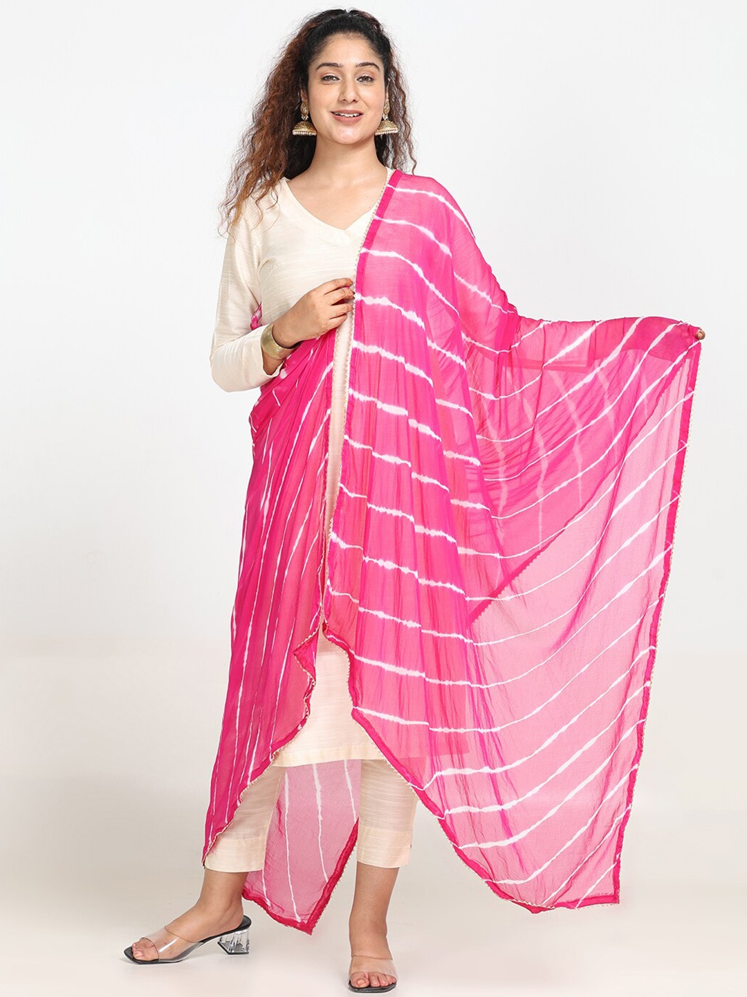 

HELLA FASHIONS Leheriya Printed Chiffon Dupatta With Gotta Patti details, Fuchsia