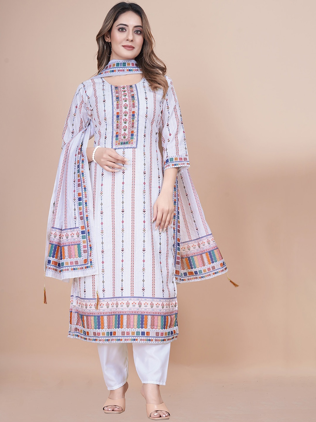 

N N ENTERPRISE Floral Printed Sequinned Pure Cotton Kurta with Trousers & Dupatta, Off white