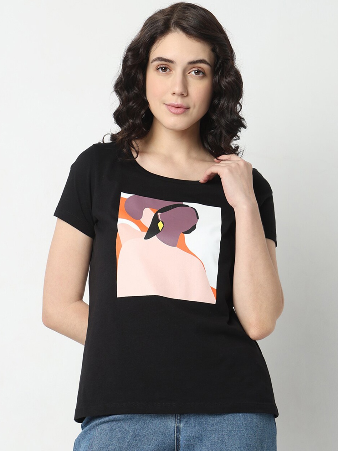 

Vero Moda Graphic Printed Short Sleeves Pure Cotton T-shirt, Black