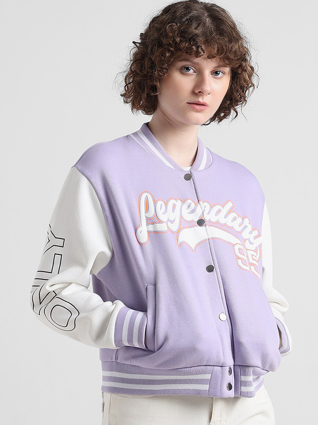 

ONLY Typography Printed Crop Varsity Jacket, Lavender