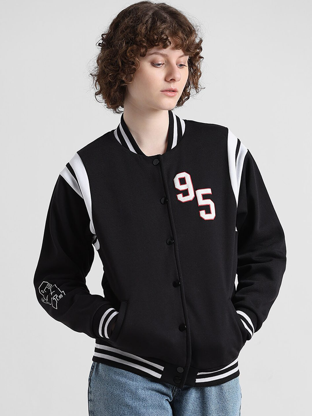 

ONLY Stand Collar Crop Varsity Jacket, Black