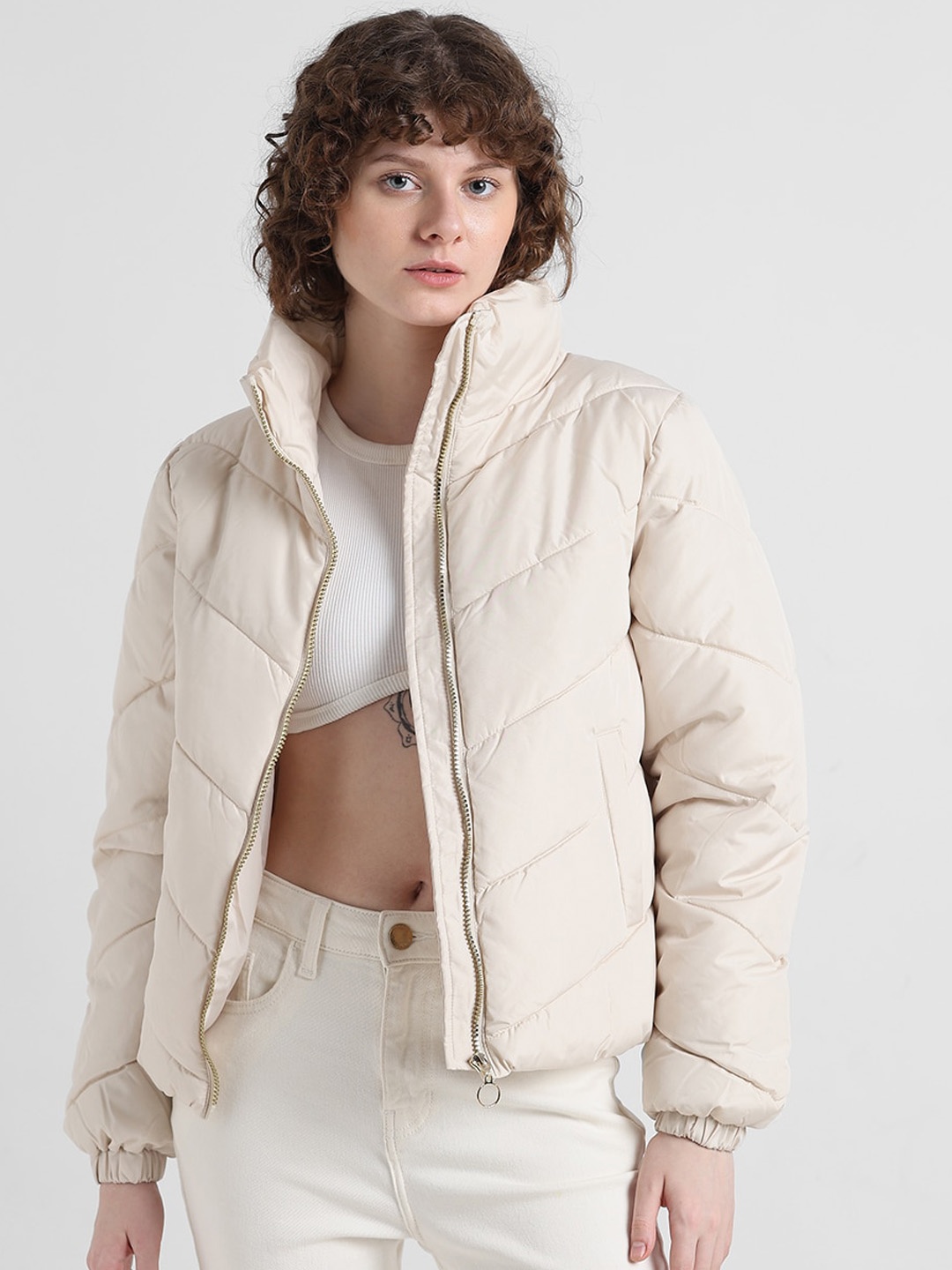

ONLY Mock Collar Padded Jacket, Beige